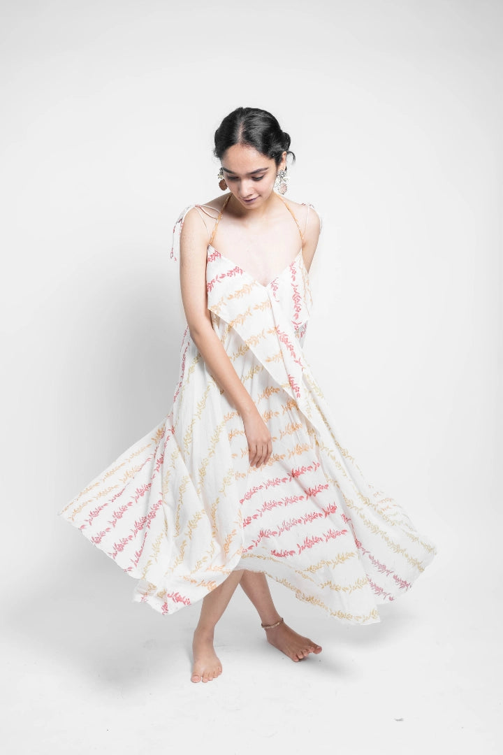 Ilamra sustainable clothing organic cotton off-white, blush pink, light green, and orange hand block printed easy and breezy fluid dress