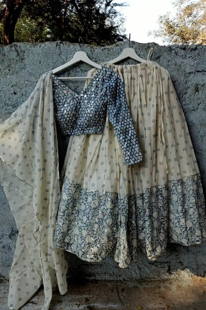Ilamra sustainable clothing organic cotton off-white and indigo hand block printed blouse, dupatta and lehenga set