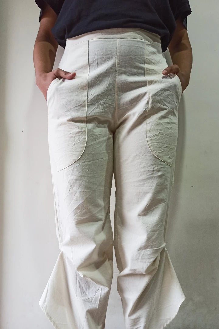 Ilamra kalamkari craft hand block printed organic cotton Off-white curved asymmetrical hem and are ruched at the bottom pants