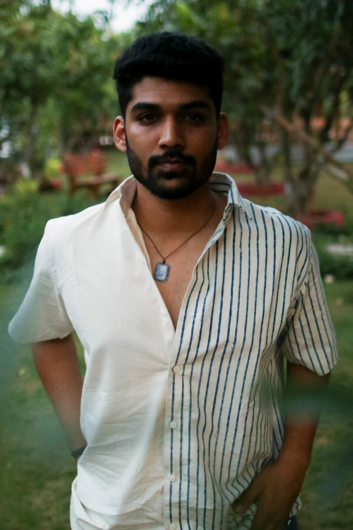 ilamra men's hand block printed naturally dyed organic cotton indigo and white shirt