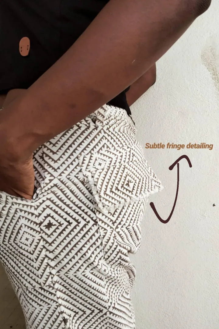 Ilamra hand block printed organic cotton naturally dyed Off-white and grey cool and quirky pants