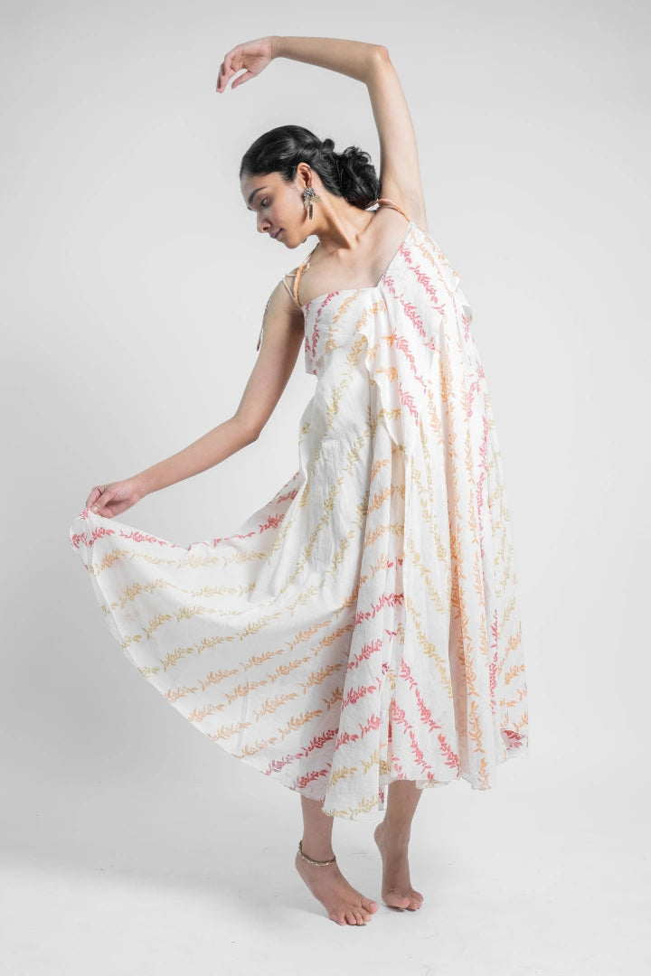 Ilamra sustainable clothing organic cotton off-white, blush pink, light green, and orange hand block printed easy and breezy fluid dress