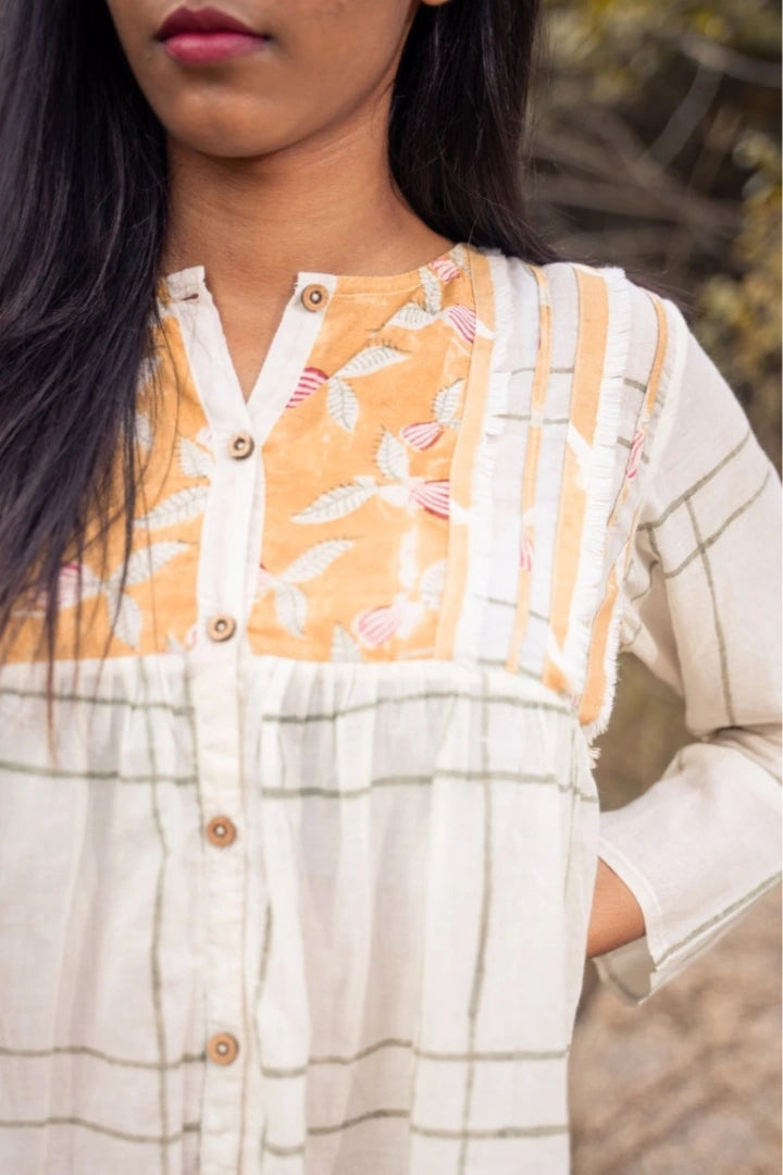 Ilamra kalamkari craft hand block printed organic cotton Off-white, mustard yellow and dark green breezy top