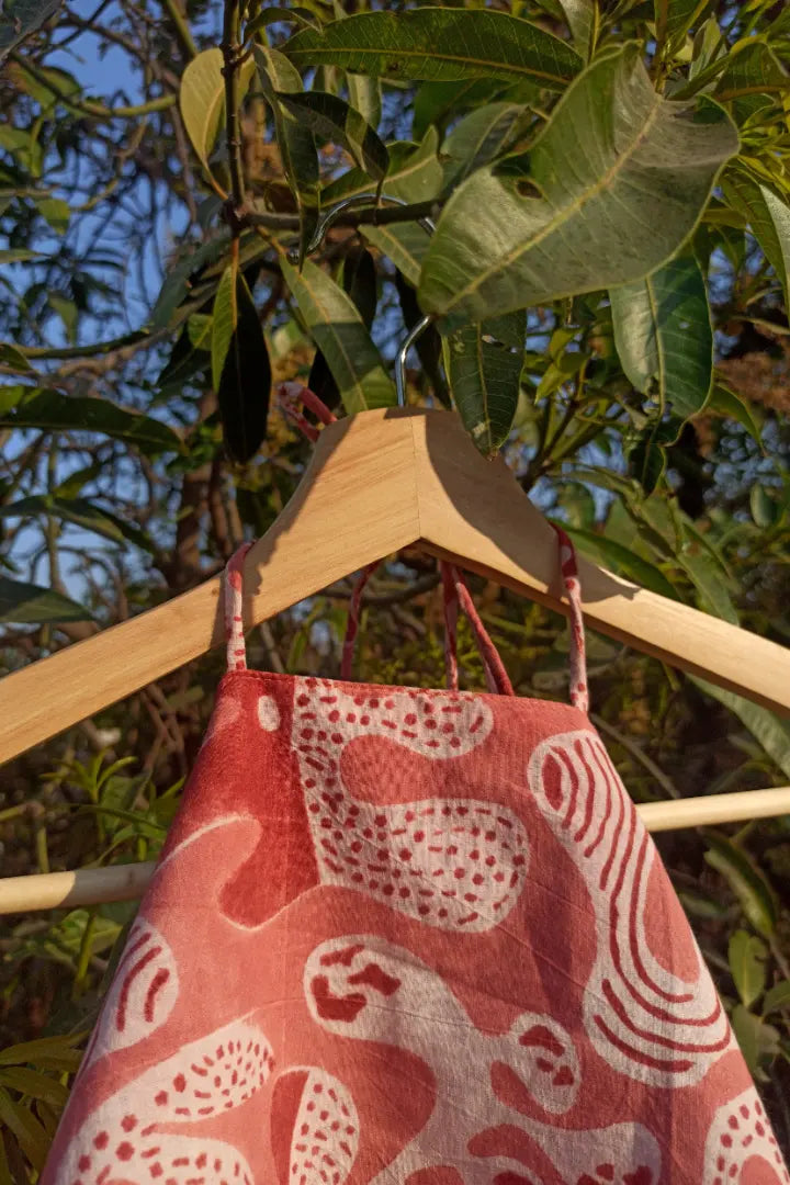 Ilamra sustainable clothing organic cotton Pink, off white and madder red hand block printed halterneck top