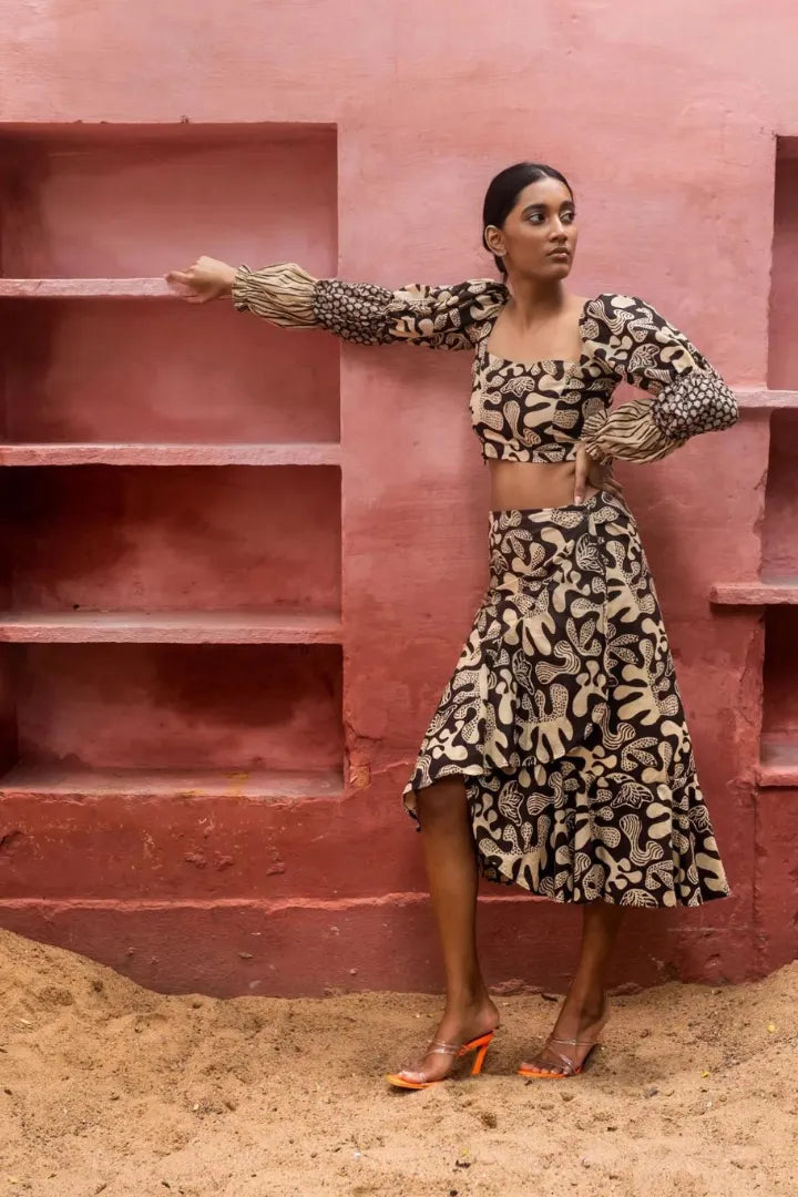 Ilamra kalamkari craft hand block printed organic cotton black and beige skirt