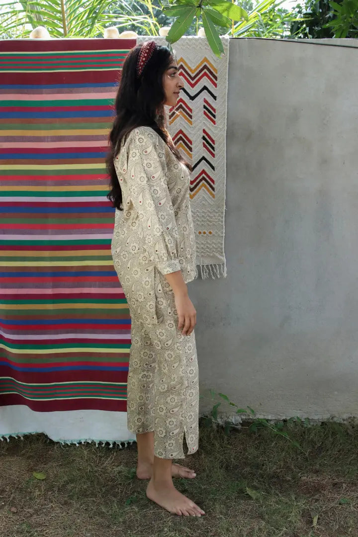 Ilamra hand block printed sustainably made naturally dyed off white and grey pants
