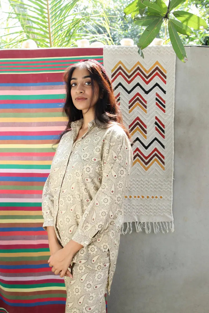 Ilamra hand block printed sustainably made naturally dyed off white and grey pants