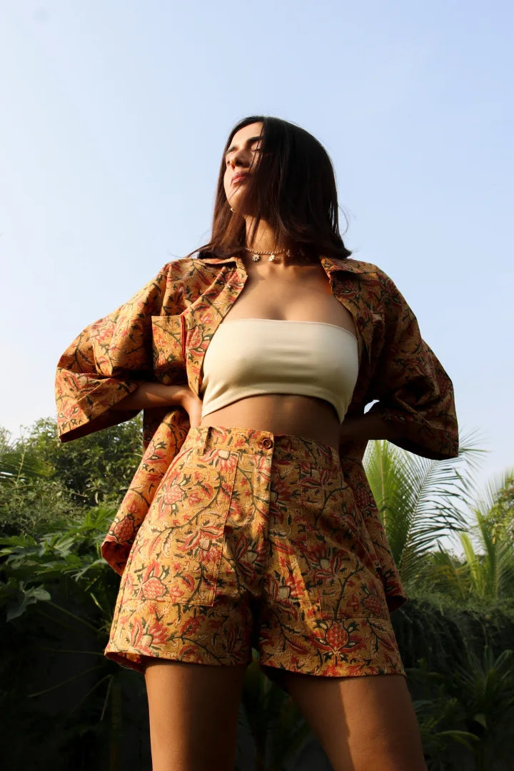 Ilamra kalamkari craft hand block printed organic cotton mustard, yellow, red and green shorts