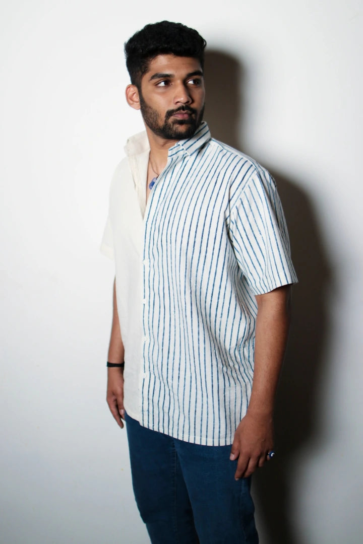 ilamra men's hand block printed naturally dyed organic cotton indigo and white shirt
