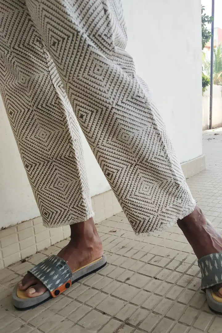 Ilamra hand block printed organic cotton naturally dyed Off-white and grey cool and quirky pants