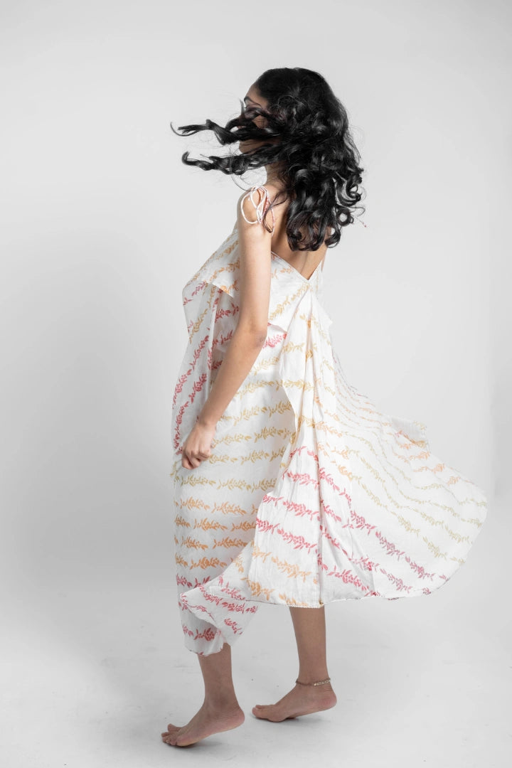 Ilamra sustainable clothing organic cotton off-white, blush pink, light green, and orange hand block printed easy and breezy fluid dress