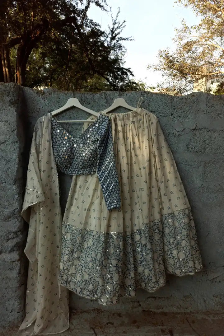 Ilamra sustainable clothing organic cotton off-white and indigo hand block printed blouse, dupatta and lehenga set