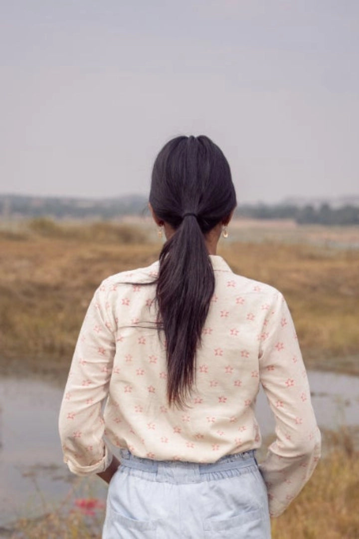 Ilamra kalamkari craft hand block printed organic cotton Off-white and blush pink turtle print shirt with foldable cuff sleeves