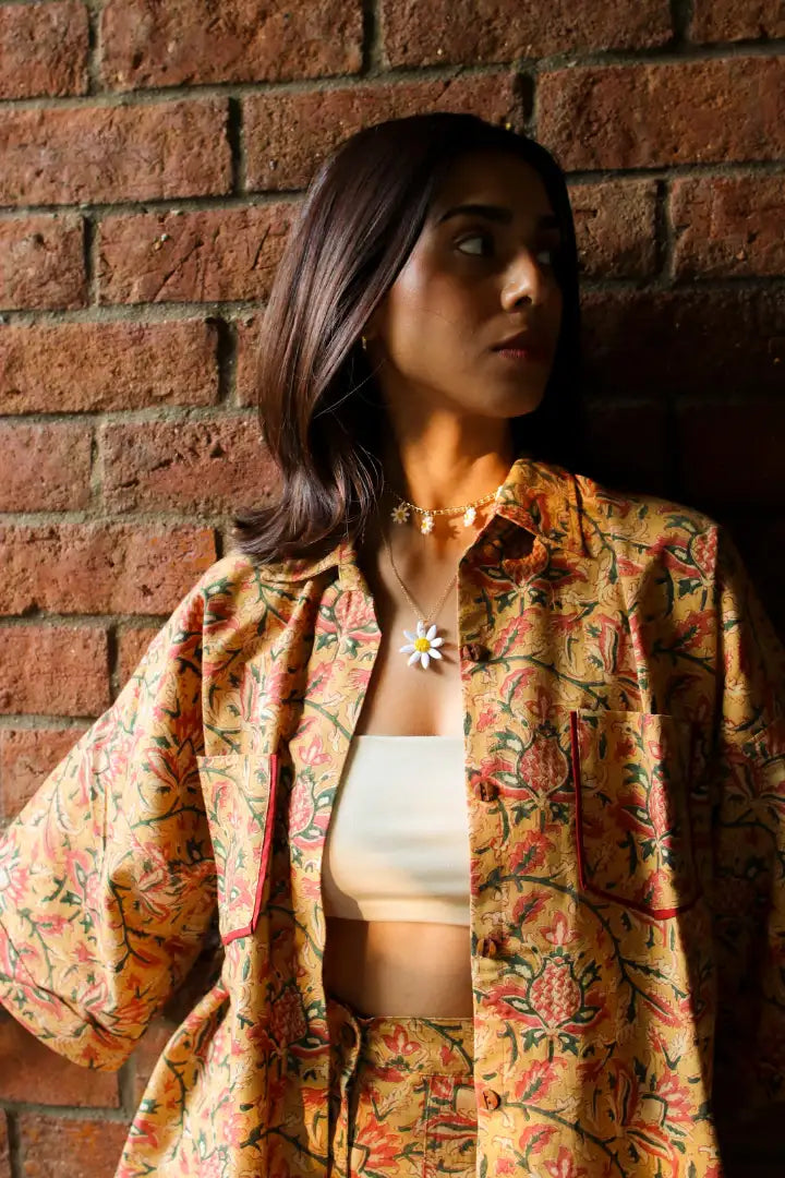 Ilamra kalamkari craft hand block printed organic cotton mustard, yellow, red and green shorts