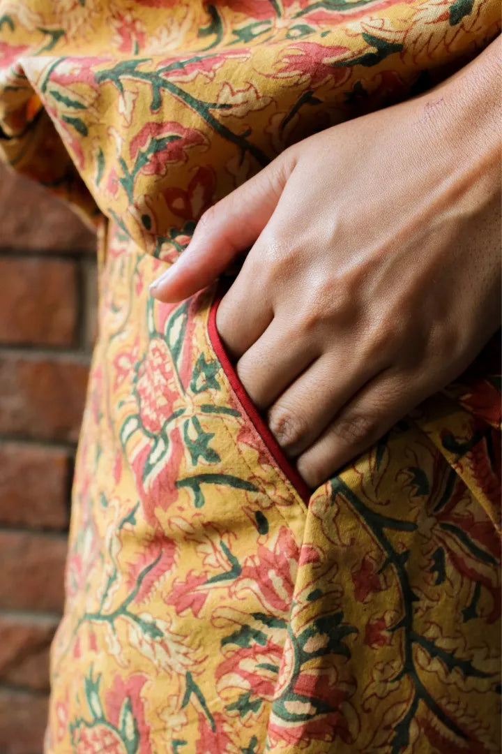 Ilamra kalamkari craft hand block printed organic cotton mustard, yellow, red and green shorts