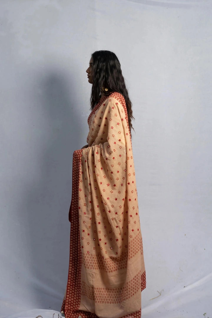 Ilamra kalamkari craft hand block printed organic cotton Indian madder red on a beige base saree