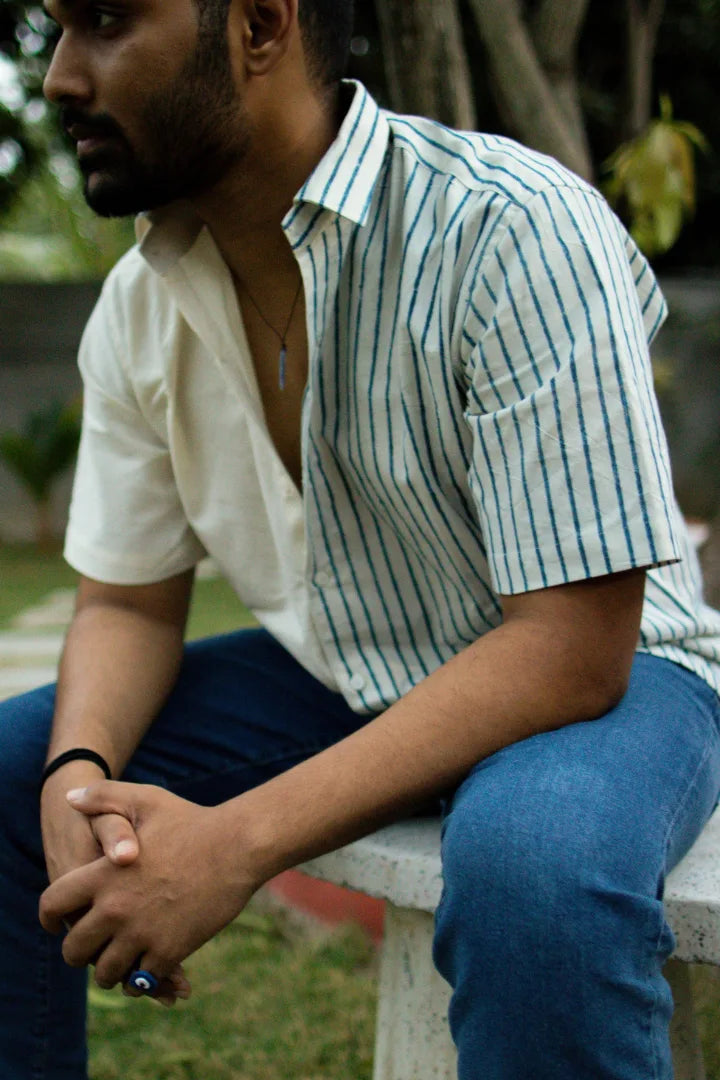ilamra men's hand block printed naturally dyed organic cotton indigo and white shirt