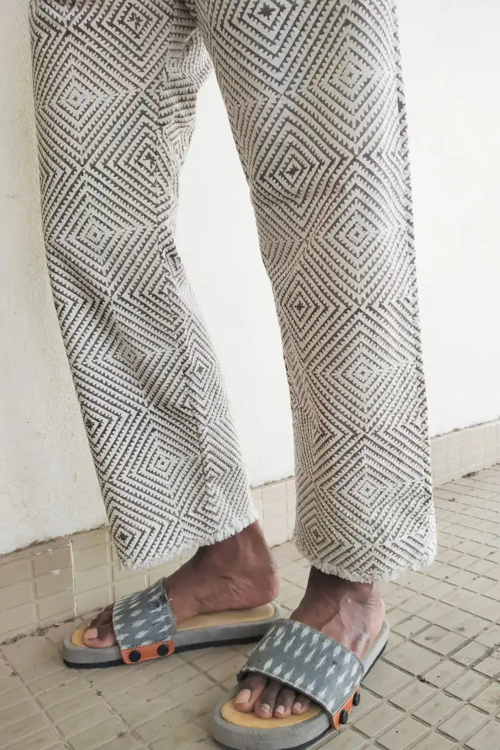 Ilamra hand block printed organic cotton naturally dyed Off-white and grey cool and quirky pants