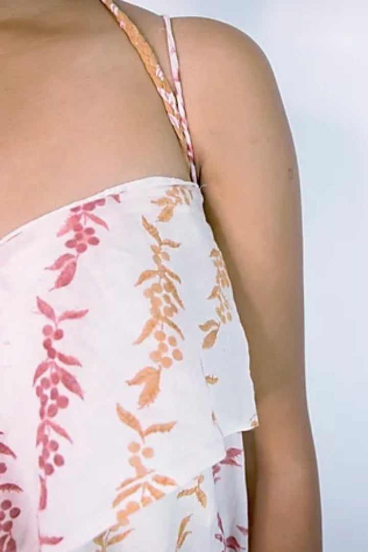 Ilamra sustainable clothing organic cotton off-white, blush pink, light green, and orange hand block printed easy and breezy fluid dress