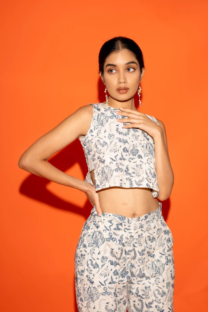 Ilamra hand block printed organic cotton naturally dyed Indigo and off-white cool crop top and pants set