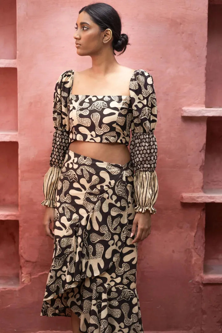 Ilamra kalamkari craft hand block printed organic cotton black and beige skirt