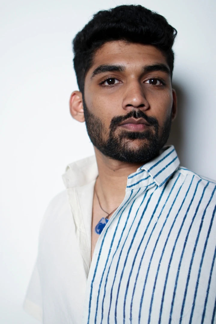 ilamra men's hand block printed naturally dyed organic cotton indigo and white shirt
