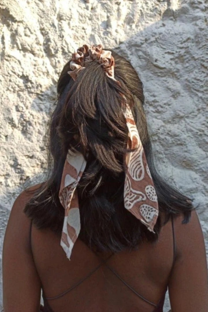 Ilamra hand block printed organic cotton naturally dyed Off white and brown Organic Cotton scrunchie