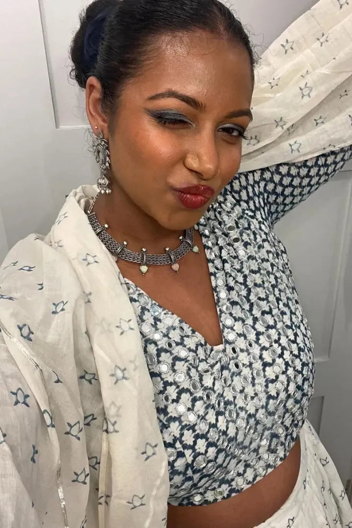 Ilamra sustainable clothing organic cotton off-white and indigo hand block printed blouse, dupatta and lehenga set