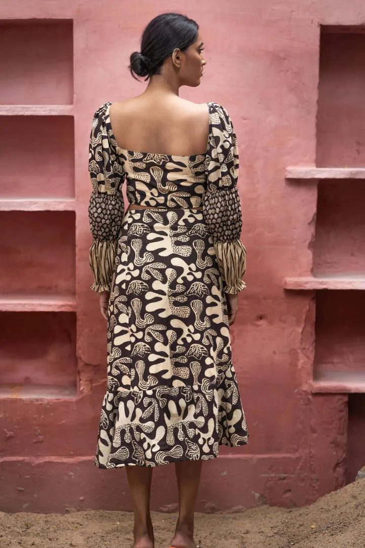 Ilamra kalamkari craft hand block printed organic cotton black and beige skirt