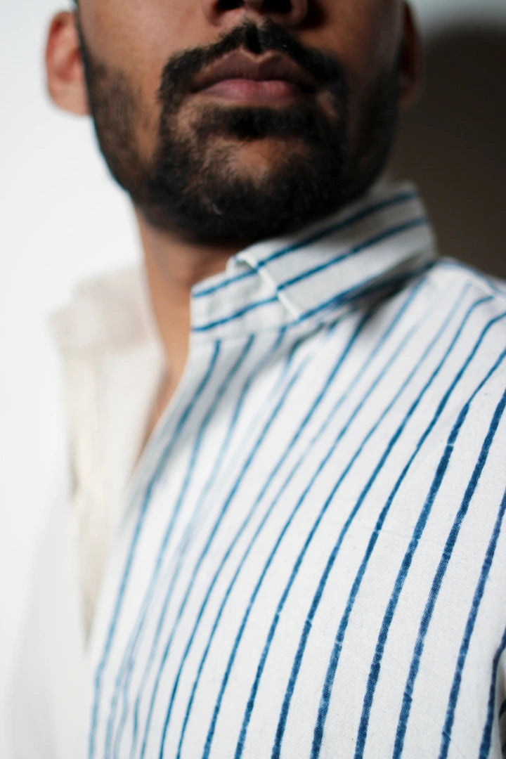 ilamra men's hand block printed naturally dyed organic cotton indigo and white shirt