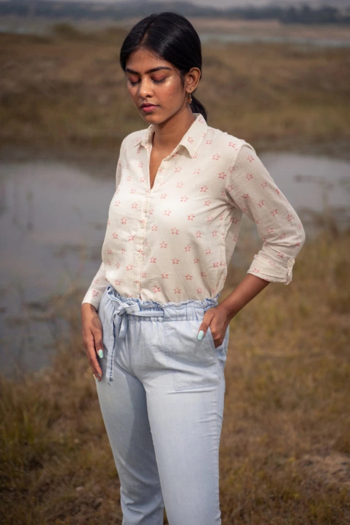 Ilamra kalamkari craft hand block printed organic cotton Off-white and blush pink turtle print shirt with foldable cuff sleeves