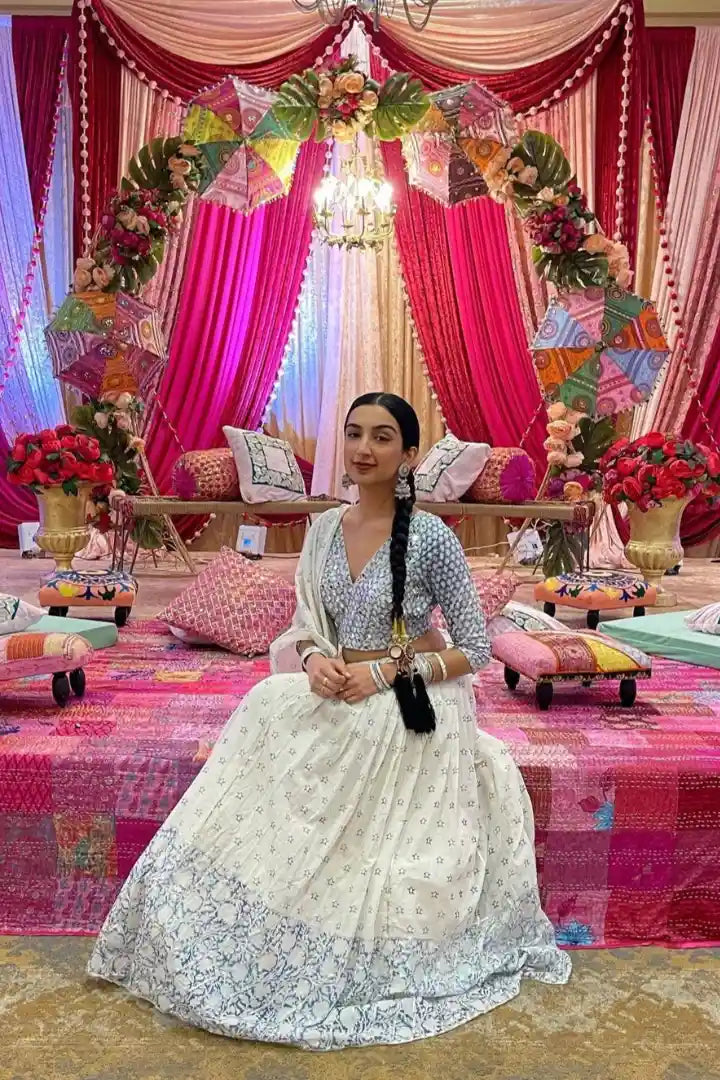 Ilamra sustainable clothing organic cotton off-white and indigo hand block printed blouse, dupatta and lehenga set