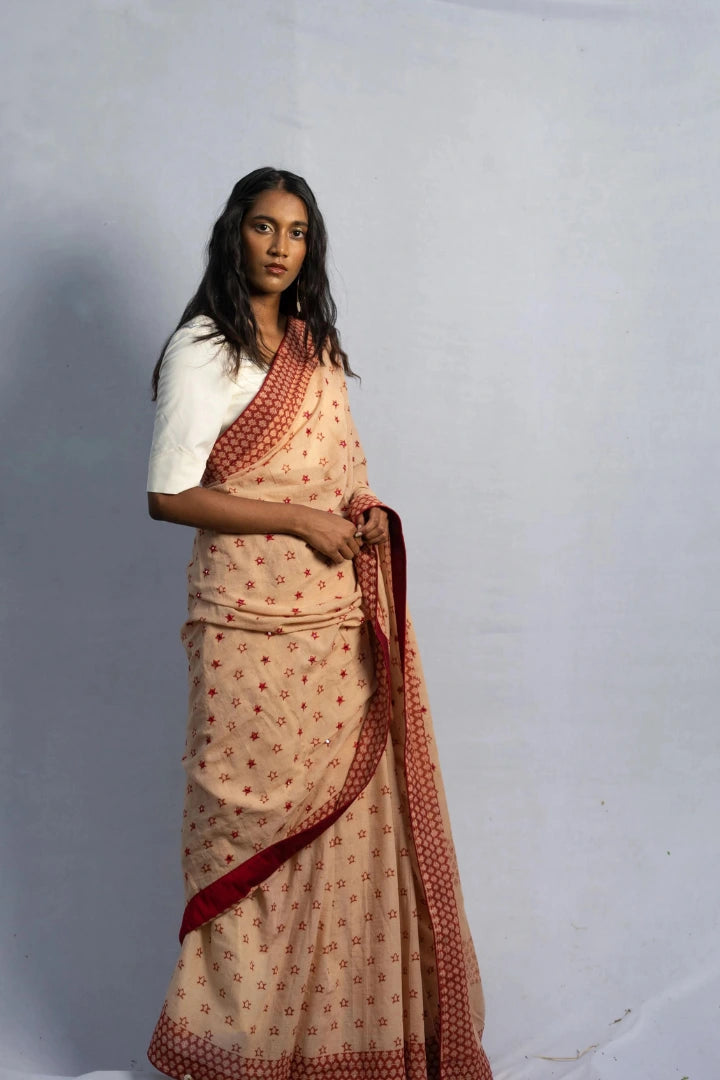 Ilamra kalamkari craft hand block printed organic cotton Indian madder red on a beige base saree