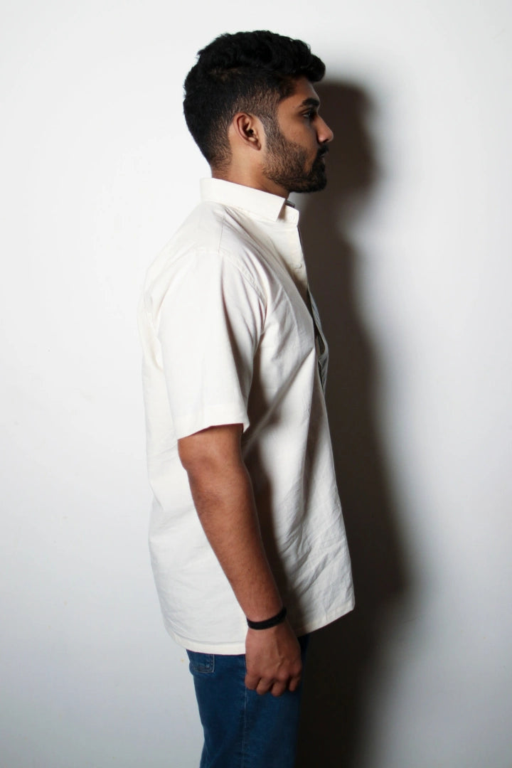 ilamra men's hand block printed naturally dyed organic cotton indigo and white shirt