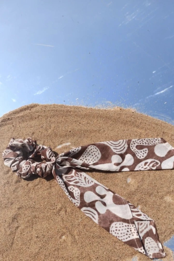 Ilamra hand block printed organic cotton naturally dyed Off white and brown Organic Cotton scrunchie