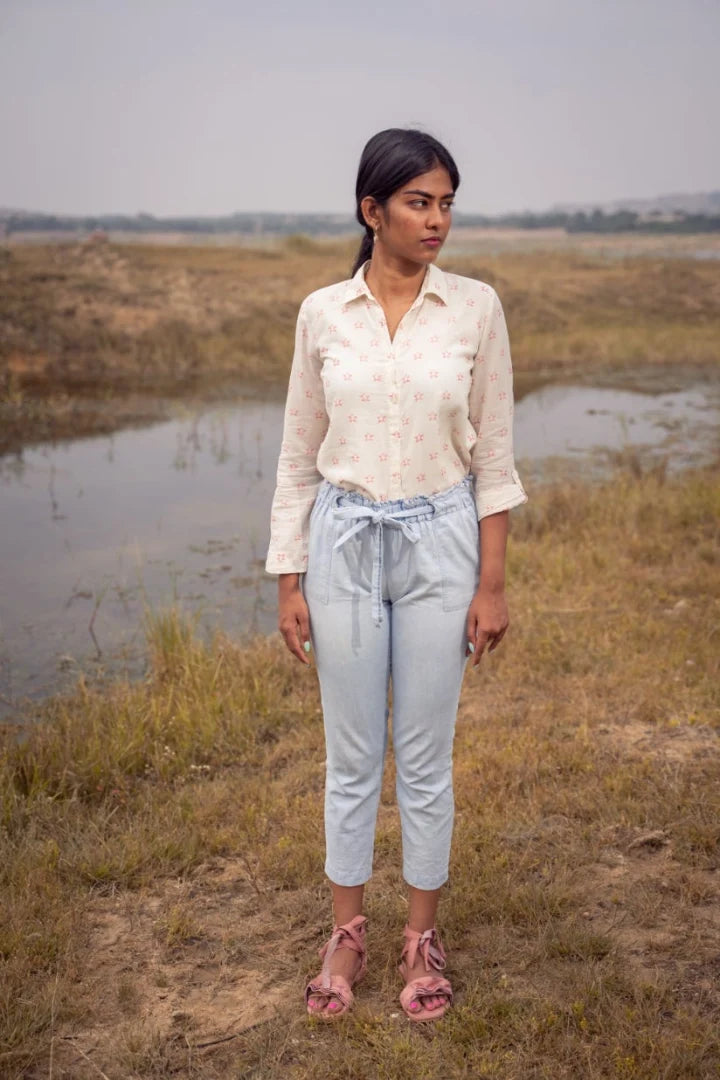 Ilamra kalamkari craft hand block printed organic cotton Off-white and blush pink turtle print shirt with foldable cuff sleeves