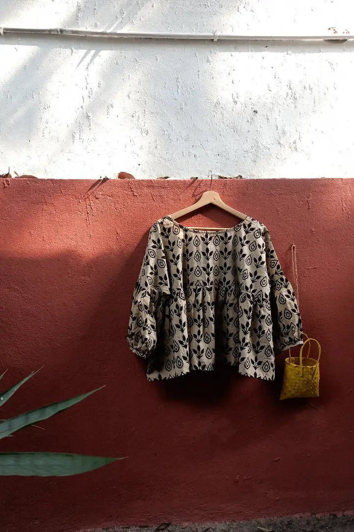 Ilamra sustainable clothing organic cotton black and beige hand block printed tent top