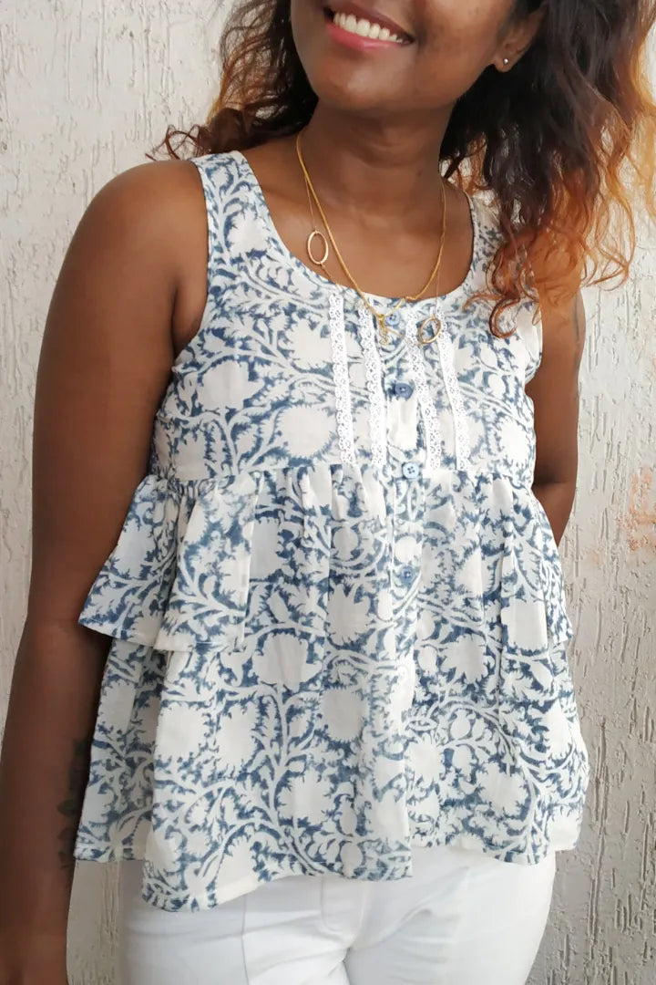 Ilamra sustainable clothing organic cotton Indigo, off-white, hints of fresh green and madder red hand block printed frilly top
