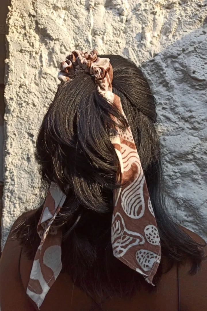 Ilamra hand block printed organic cotton naturally dyed Off white and brown Organic Cotton scrunchie