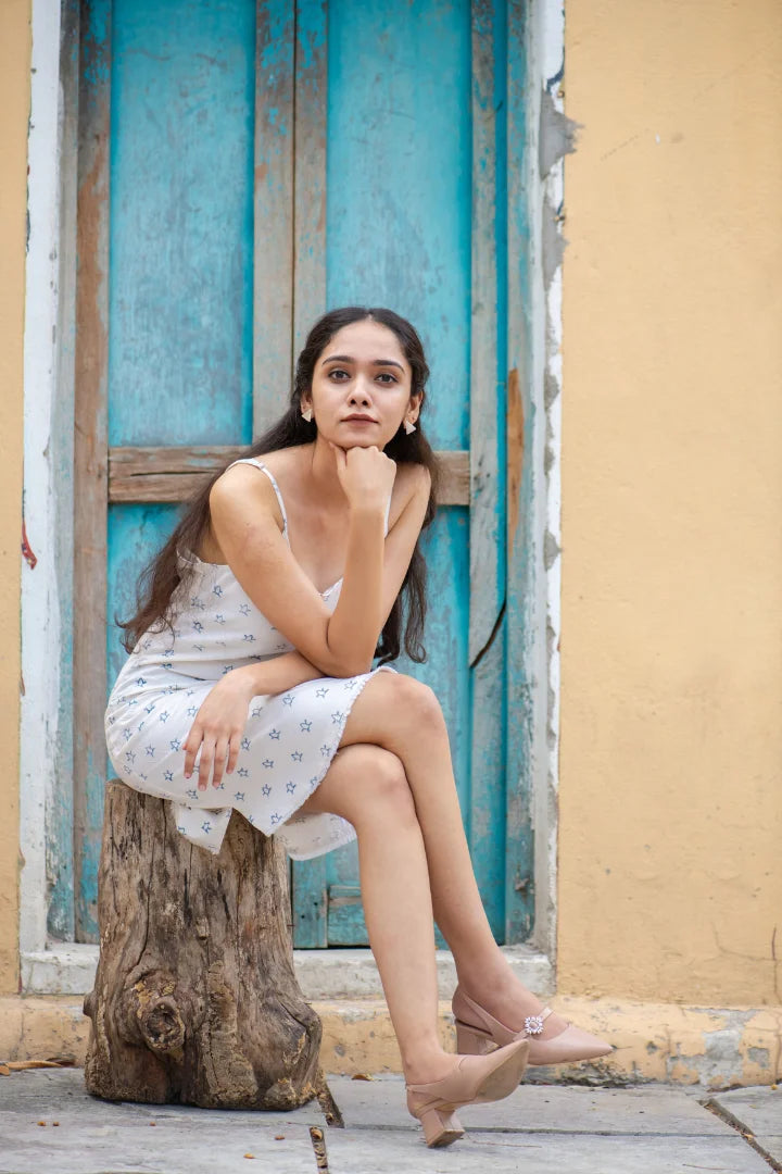 Ilamra hand block printed organic cotton naturally dyed Indigo and Off-white turtle print slip dress
