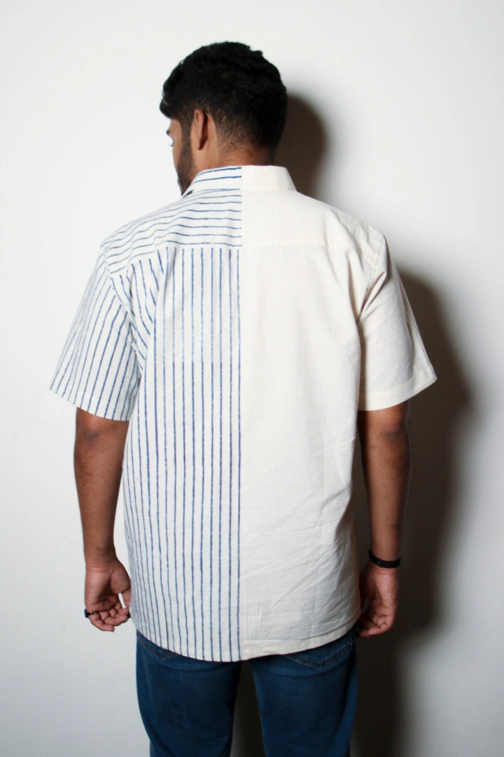 ilamra men's hand block printed naturally dyed organic cotton indigo and white shirt