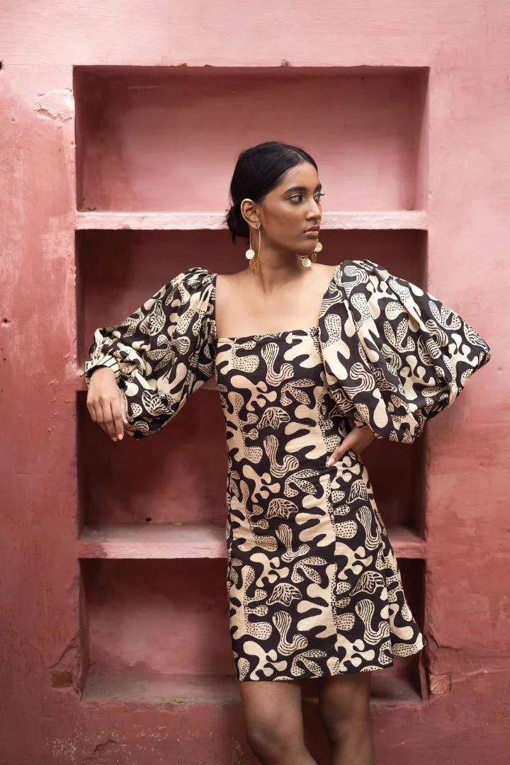 Ilamra kalamkari craft hand block printed organic cotton black and beige dress