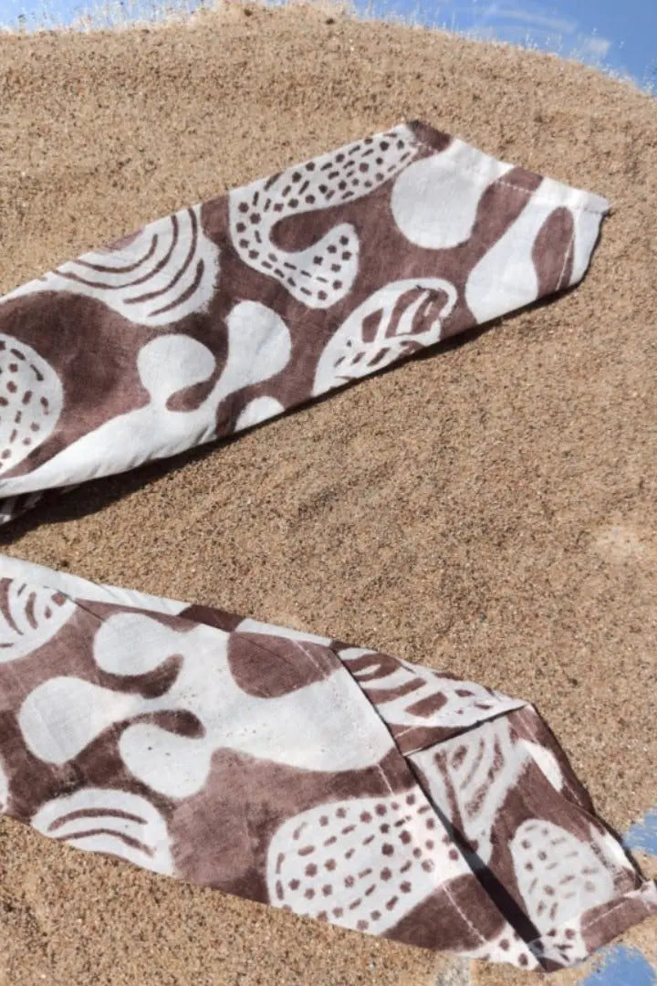 Ilamra hand block printed organic cotton naturally dyed Off white and brown Organic Cotton scrunchie