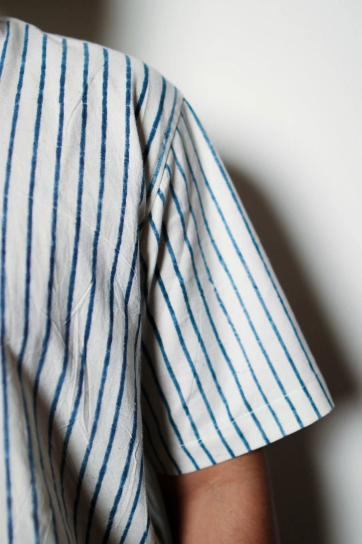ilamra men's hand block printed naturally dyed organic cotton indigo and white shirt