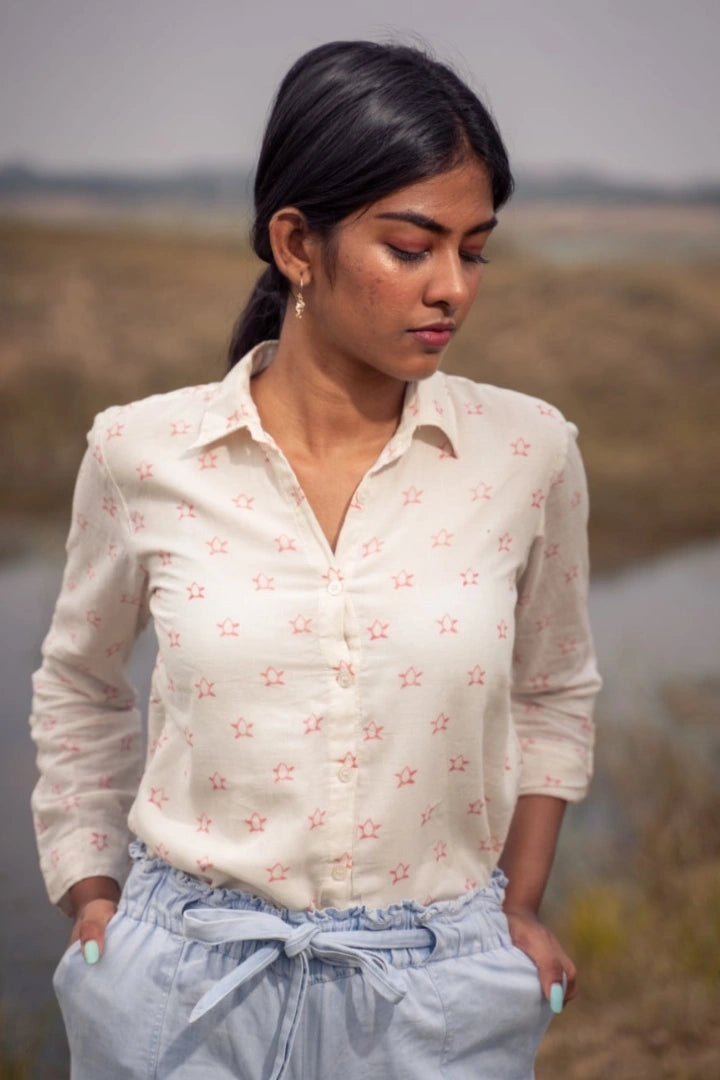 Ilamra kalamkari craft hand block printed organic cotton Off-white and blush pink turtle print shirt with foldable cuff sleeves