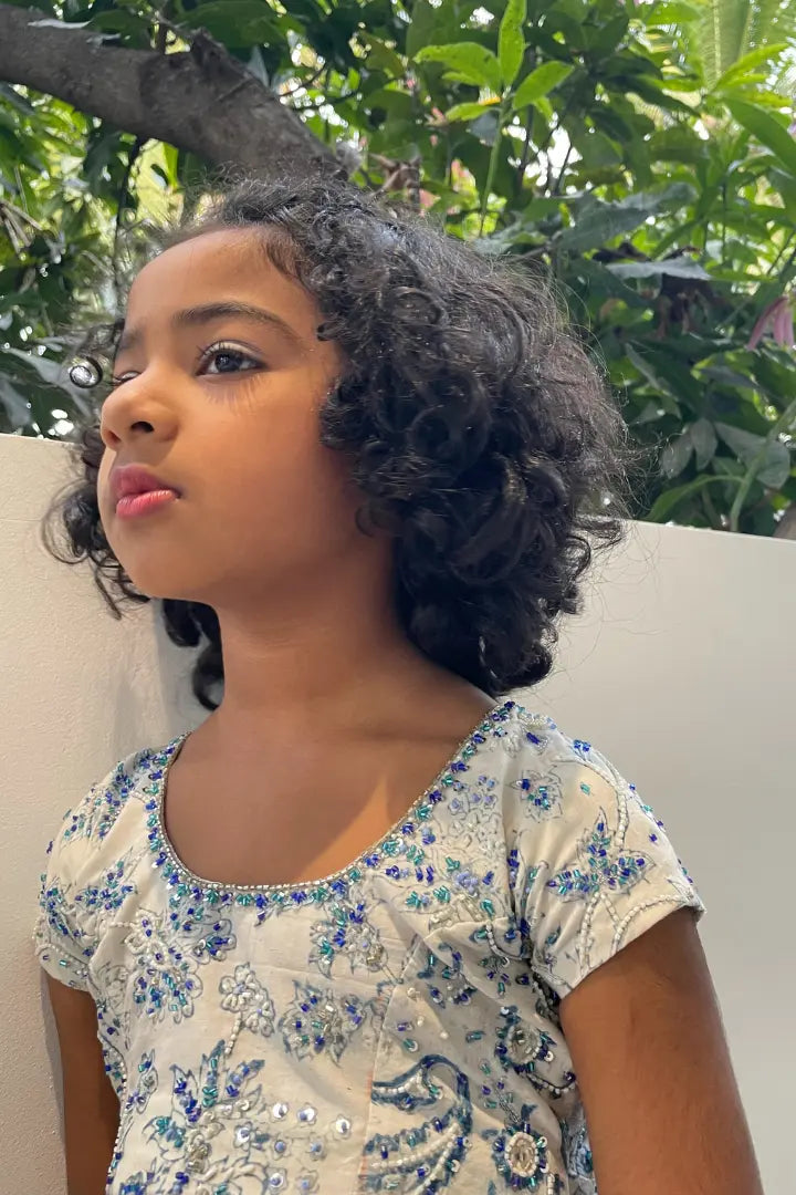 Ilamra kalamkari sustainable clothing organic cotton off-white and indigo hand block printed blouse and lehenga set