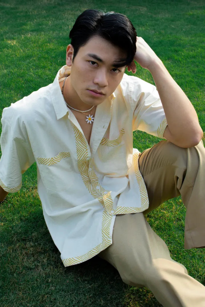 ilamra men's hand block printed naturally dyed organic cotton off-white and yellow shirt