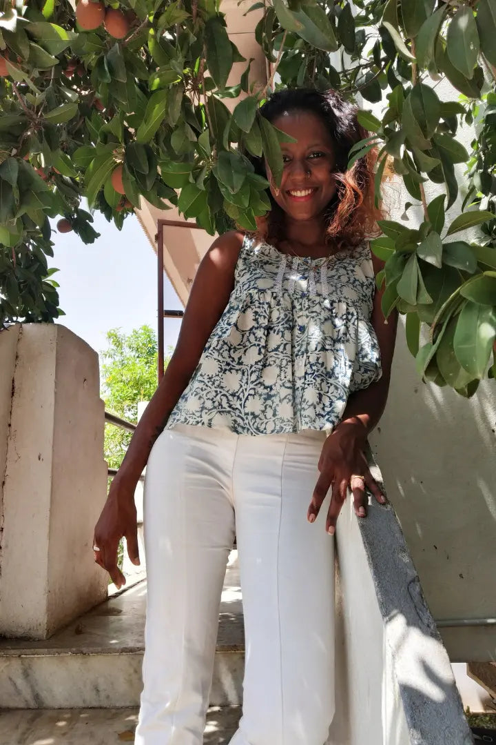 Ilamra sustainable clothing organic cotton Indigo, off-white, hints of fresh green and madder red hand block printed frilly top
