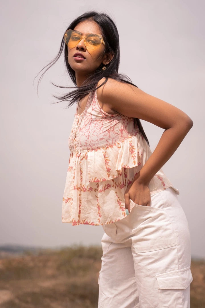 Ilamra kalamkari craft hand block printed organic cotton Blush pink, off-white and hints of madder red top