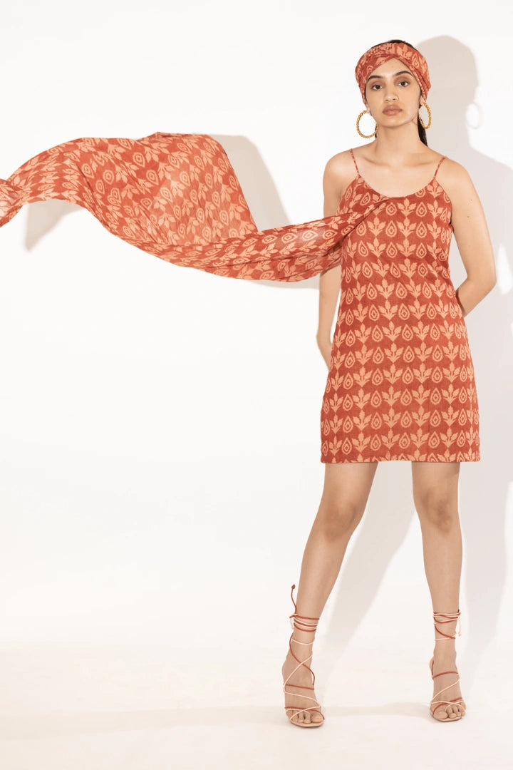 Ilamra hand block printed organic cotton naturally dyed Madder red and beige hybrid dress